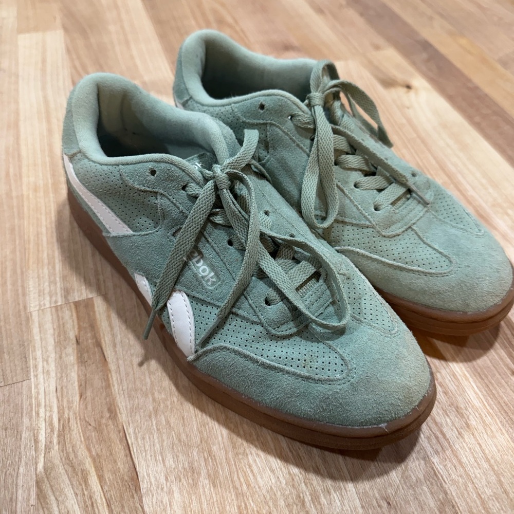 Women’s Reebok Green Suede Sneakers with White Stripe and Brown Soles